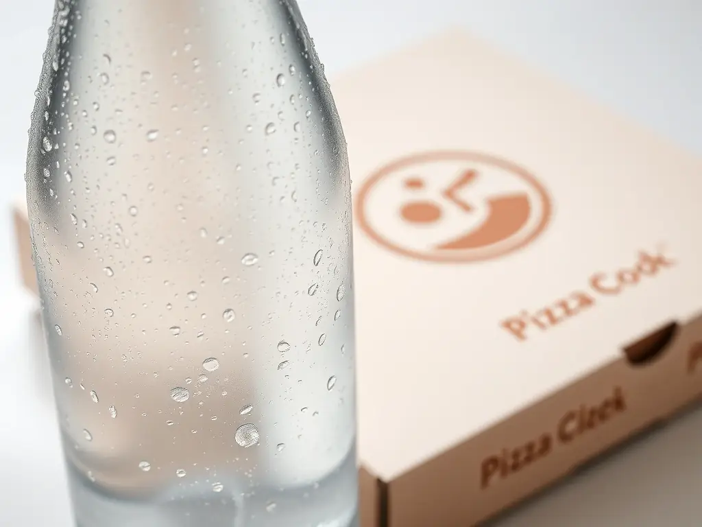 A clean, minimalist image of a bottle of chilled water with condensation, placed next to a Call a Pizza pizza box, emphasizing the simplicity and necessity of having water with your meal.