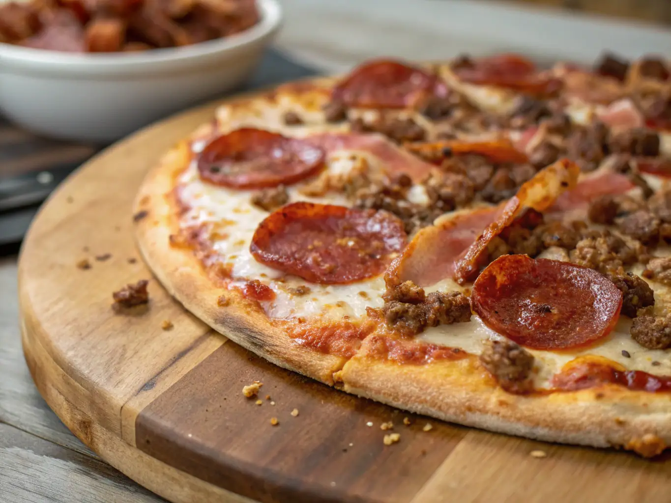 A mouth-watering image of a meat lover's pizza, loaded with pepperoni, sausage, bacon, and ham, with melted cheese oozing over the toppings, served on a checkered tablecloth in a Call a Pizza promotional setting.