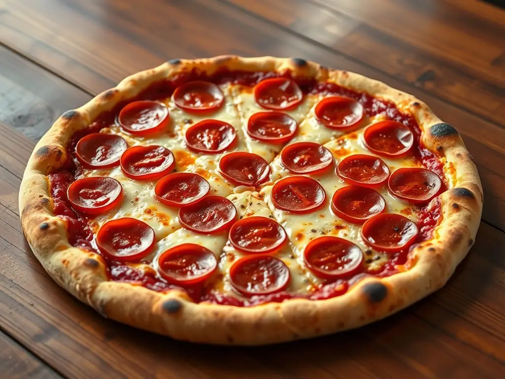 A classic cheese pizza with a perfectly golden crust and melted mozzarella cheese, cut into slices and presented on a pizza stand, with a side of marinara sauce in a Call a Pizza restaurant.