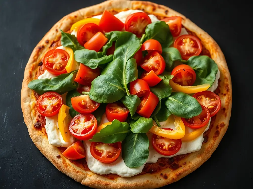 A vibrant, close-up shot of a freshly baked vegan pizza with colorful vegetables and plant-based cheese, placed on a wooden pizza peel, ready to be served in a Call a Pizza restaurant setting.