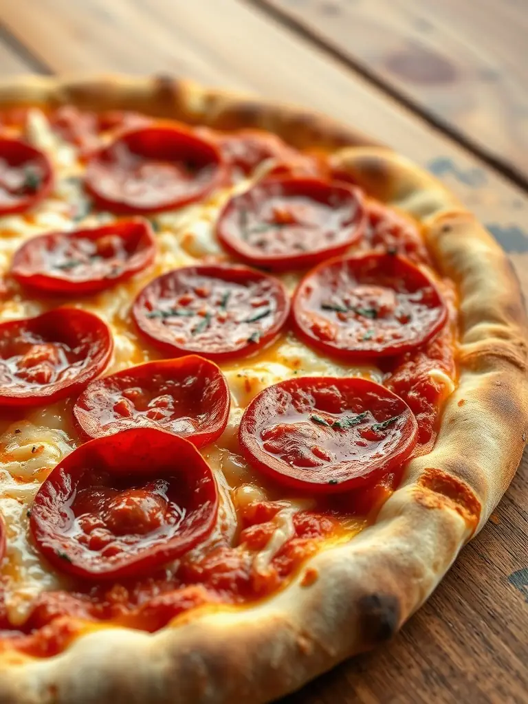 A pepperoni pizza with generous slices of pepperoni, melted cheese, and a slightly charred crust, highlighting the savory and satisfying nature of the pizza.