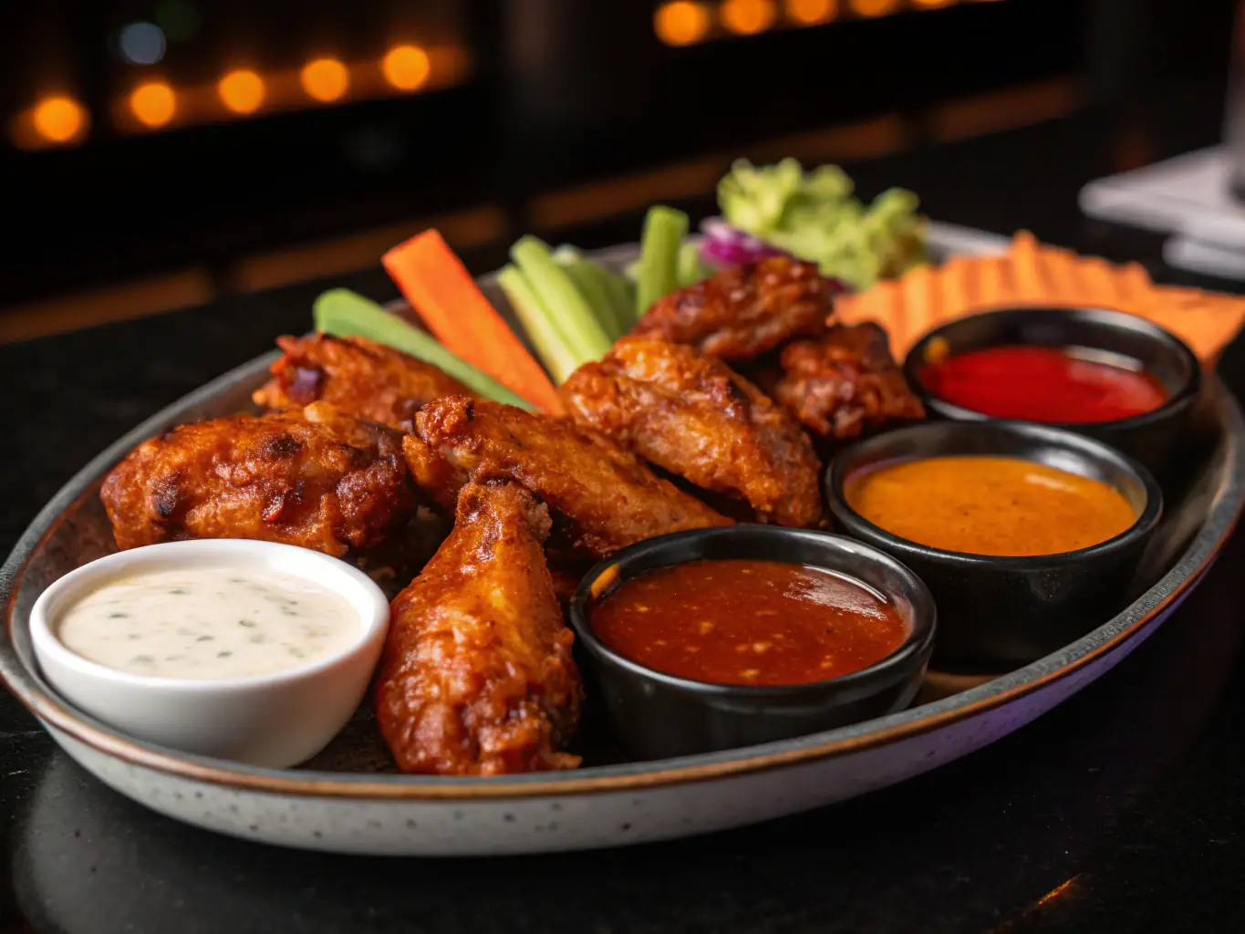 A close-up shot of crispy, golden-brown chicken wings arranged on a plate, garnished with fresh herbs and a side of dipping sauce, perfect for showcasing the deliciousness of Call a Pizza's chicken wings.